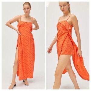 Urban Outfitters Orange Linen Ooh La La Side Slit Romper Maxi Dress Size S